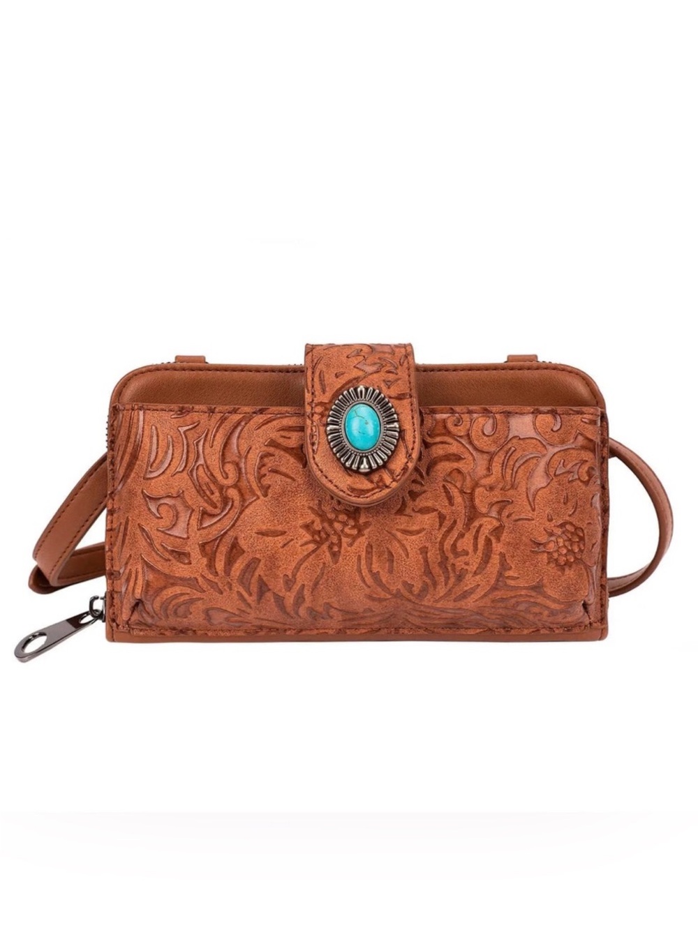 LAVAWA Tooled Brown Leather Crossbody Wallet with Turquoise Accent